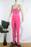 Rose Red Sexy Solid Patchwork Backless Hot Drill Spaghetti Strap Sleeveless Two Pieces