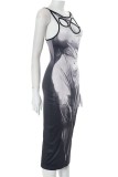 Black Casual Print Hollowed Out O Neck Sleeveless Dress Dresses