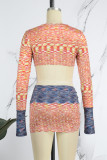 Orange Sexy Print Hollowed Out Patchwork O Neck Long Sleeve Two Pieces
