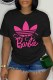 Black Casual Print Letter O Neck T-Shirts
