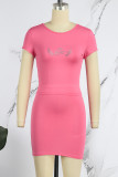 Rose Red Casual Hot Drilling Frenulum Backless O Neck Short Sleeve Two Pieces
