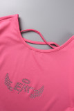 Rose Red Casual Hot Drilling Frenulum Backless O Neck Short Sleeve Two Pieces