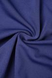 Royal Blue Casual Solid Frenulum V Neck Pleated Plus Size Dresses