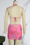 Pink Sexy Letter Patchwork Fold Strap Design 3 Piece Sets
