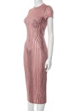 Pale Red Casual Print Basic O Neck Short Sleeve Dress Dresses
