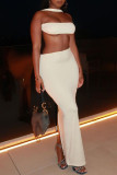 White Sexy Solid Backless Slit Strapless Sleeveless Two Pieces