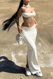 White Sexy Solid Backless Slit Strapless Sleeveless Two Pieces