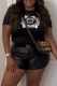Black Street Vintage Print Patchwork Letter O Neck T-Shirts