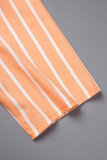 Orange Casual Striped Print Patchwork Shirt Collar Three Quarter Two Pieces