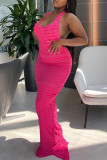 Rose Red Sexy Casual Solid Bandage Backless Halter Long Dress Dresses
