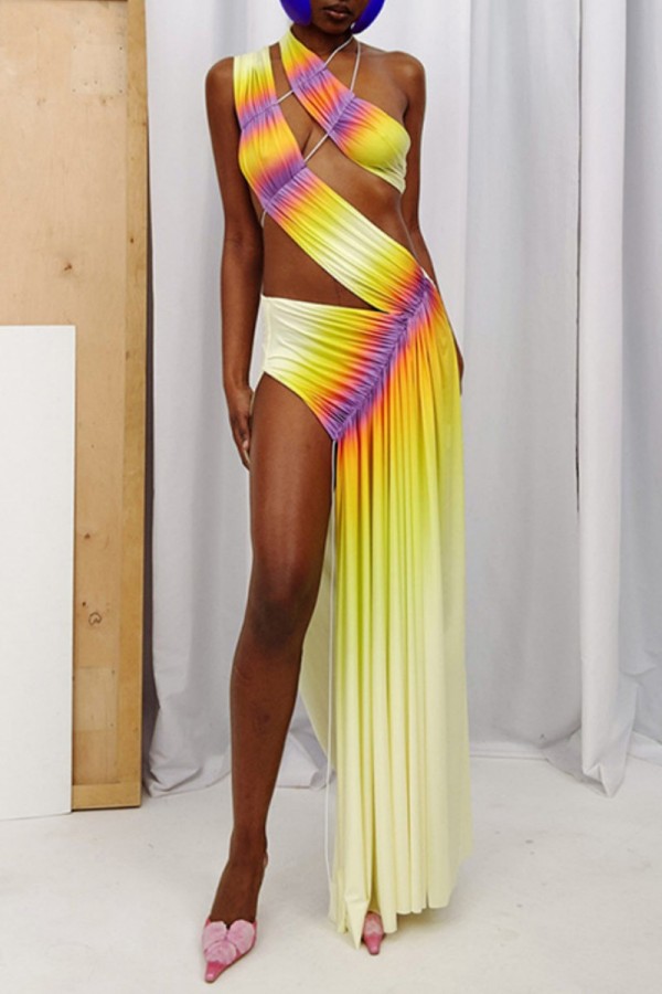 Light Yellow Sexy Print Hollowed Out Patchwork Backless Oblique Collar Irregular Dress Dresses