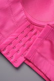 Rose Red Sexy Solid Patchwork Backless Hot Drill Spaghetti Strap Sleeveless Two Pieces