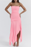Pink Sexy Solid Patchwork Backless Fold Strapless Irregular Dress Dresses