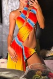 Light Yellow Sexy Print Hollowed Out Patchwork Backless Oblique Collar Irregular Dress Dresses