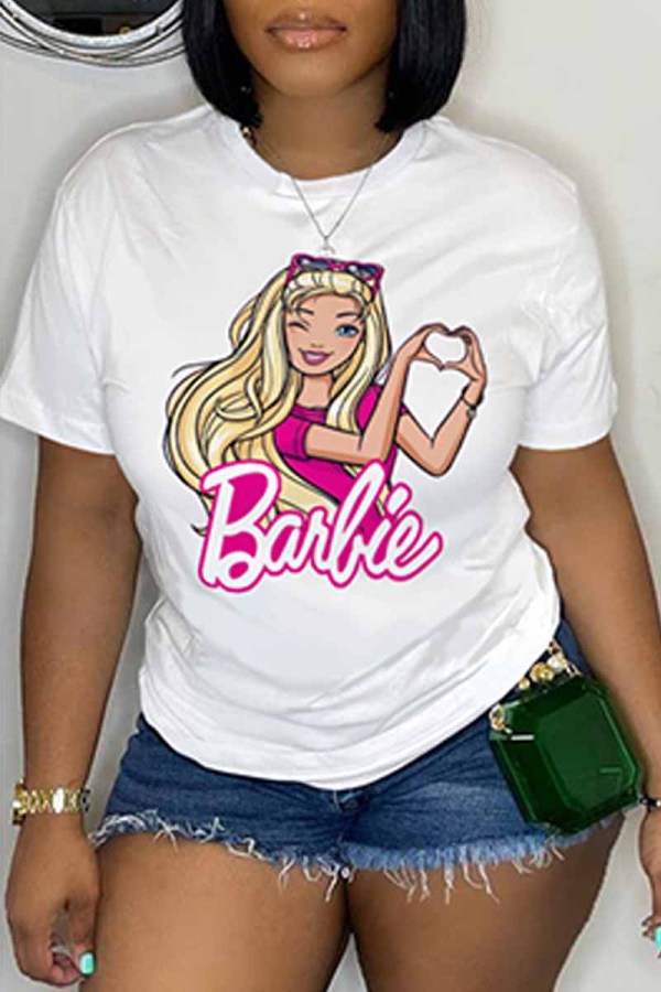 White Casual Character Print Letter O Neck T-Shirts