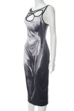 Black Casual Print Hollowed Out O Neck Sleeveless Dress Dresses