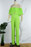 Fluorescent Green Casual Solid Patchwork Off the Shoulder Short Sleeve Two Pieces