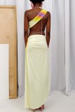 Light Yellow Sexy Print Hollowed Out Patchwork Backless Oblique Collar Irregular Dress Dresses