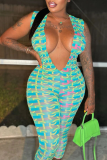 Green Sexy Print Patchwork Contrast V Neck Skinny Jumpsuits