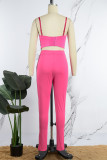 Rose Red Sexy Solid Patchwork Backless Hot Drill Spaghetti Strap Sleeveless Two Pieces