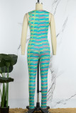 Green Sexy Print Patchwork Contrast V Neck Skinny Jumpsuits