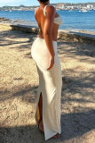White Sexy Solid Backless Slit Strapless Sleeveless Two Pieces
