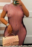 Pale Red Casual Print Basic O Neck Short Sleeve Dress Dresses