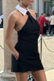 Black Sexy Casual Solid Patchwork Backless Turndown Collar Sleeveless Dress Dresses