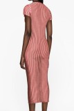 Pale Red Casual Print Basic O Neck Short Sleeve Dress Dresses
