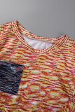 Orange Sexy Print Hollowed Out Patchwork O Neck Long Sleeve Two Pieces