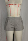 Grey Casual Solid Patchwork Mid Waist Skinny Denim Shorts