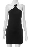 Black Sexy Casual Solid Patchwork Backless Turndown Collar Sleeveless Dress Dresses
