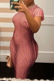 Pale Red Casual Print Basic O Neck Short Sleeve Dress Dresses