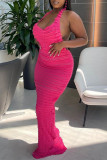 Rose Red Sexy Casual Solid Bandage Backless Halter Long Dress Dresses