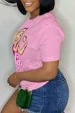Pink Casual Character Print Letter O Neck T-Shirts