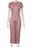 Pale Red Casual Print Basic O Neck Short Sleeve Dress Dresses