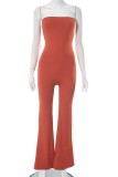 Red-brown Sexy Casual Solid Backless Strapless Skinny Jumpsuits