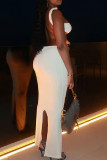 White Sexy Solid Backless Slit Strapless Sleeveless Two Pieces