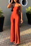Red-brown Sexy Casual Solid Backless Strapless Skinny Jumpsuits