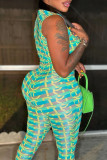 Green Sexy Print Patchwork Contrast V Neck Skinny Jumpsuits