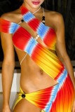 Light Yellow Sexy Print Hollowed Out Patchwork Backless Oblique Collar Irregular Dress Dresses