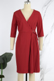 Red Casual Solid Patchwork Pleated V Neck A Line Dresses