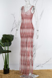 Coffee Casual Striped Tassel Backless Knotted Mesh U Neck Irregular Dress Dresses