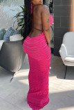 Rose Red Sexy Casual Solid Bandage Backless Halter Long Dress Dresses