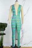 Green Sexy Print Patchwork Contrast V Neck Skinny Jumpsuits
