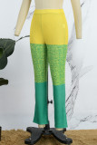 Green Casual Print Patchwork Skinny High Waist Conventional Patchwork Trousers