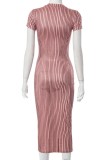 Pale Red Casual Print Basic O Neck Short Sleeve Dress Dresses