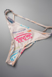 Pink Sexy Letter Patchwork Fold Strap Design 3 Piece Sets