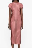 Pale Red Casual Print Basic O Neck Short Sleeve Dress Dresses