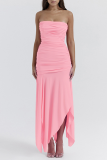 Pink Sexy Solid Patchwork Backless Fold Strapless Irregular Dress Dresses